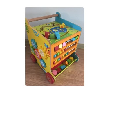 four wheel wooden baby cart,around beads,Building blocks,Abacus ,black board