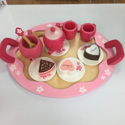 New non-toxic pink children's tea set dessert toy, beautiful wooden pretend handmade girl toy